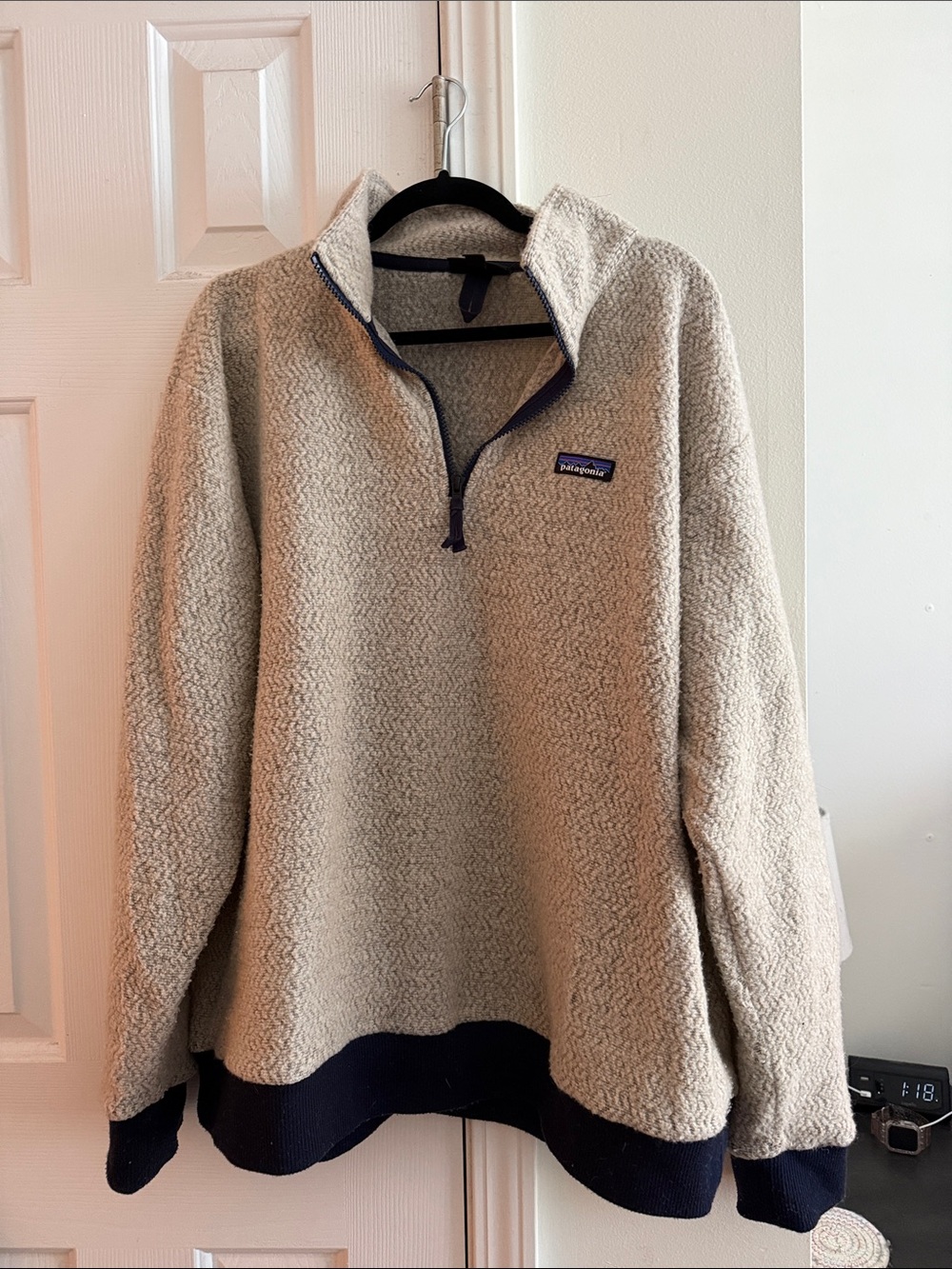 Patagonia Cream Fleece Quarter-Zip Pullover with Navy Trim